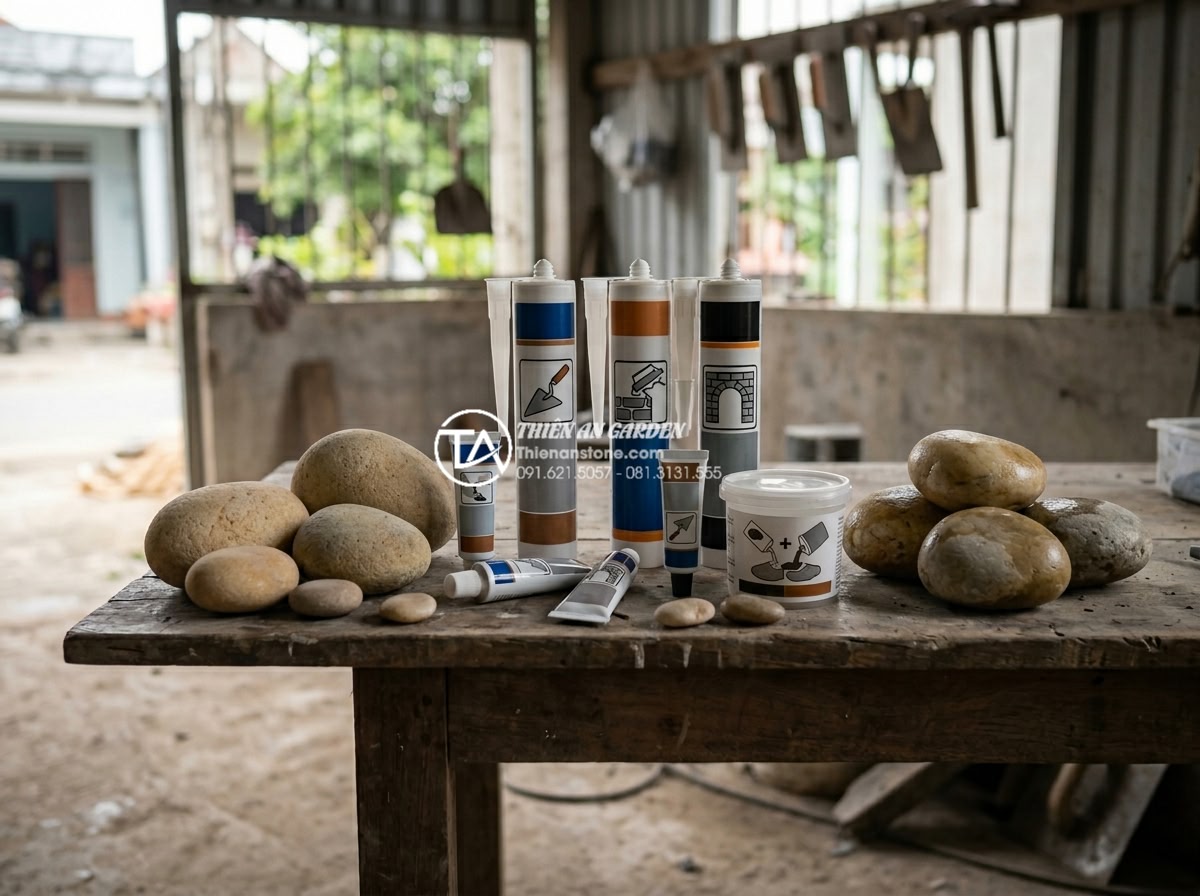 Review các loại keo chuyên dụng để gắn đá Seiryu làm hòn non bộ - Hình 6 Review các loại keo chuyên dụng để gắn đá Seiryu làm hòn non bộ - Various types of construction glue tubes and containers labeled for stone bondin