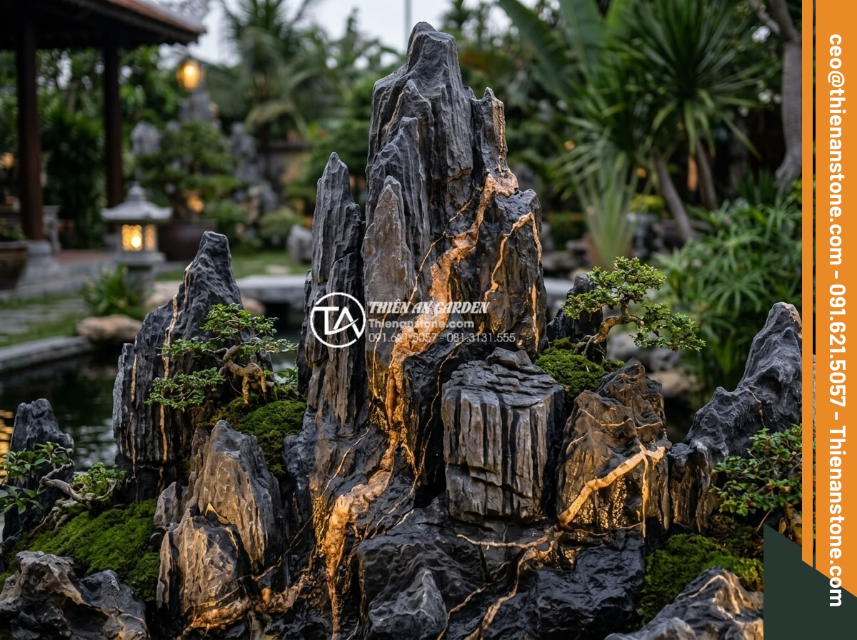 So sánh đá trầm tích và đá Granite trong thi công sân vườn - Artistic garden scene highlighting texture and color contrast between sedimentar