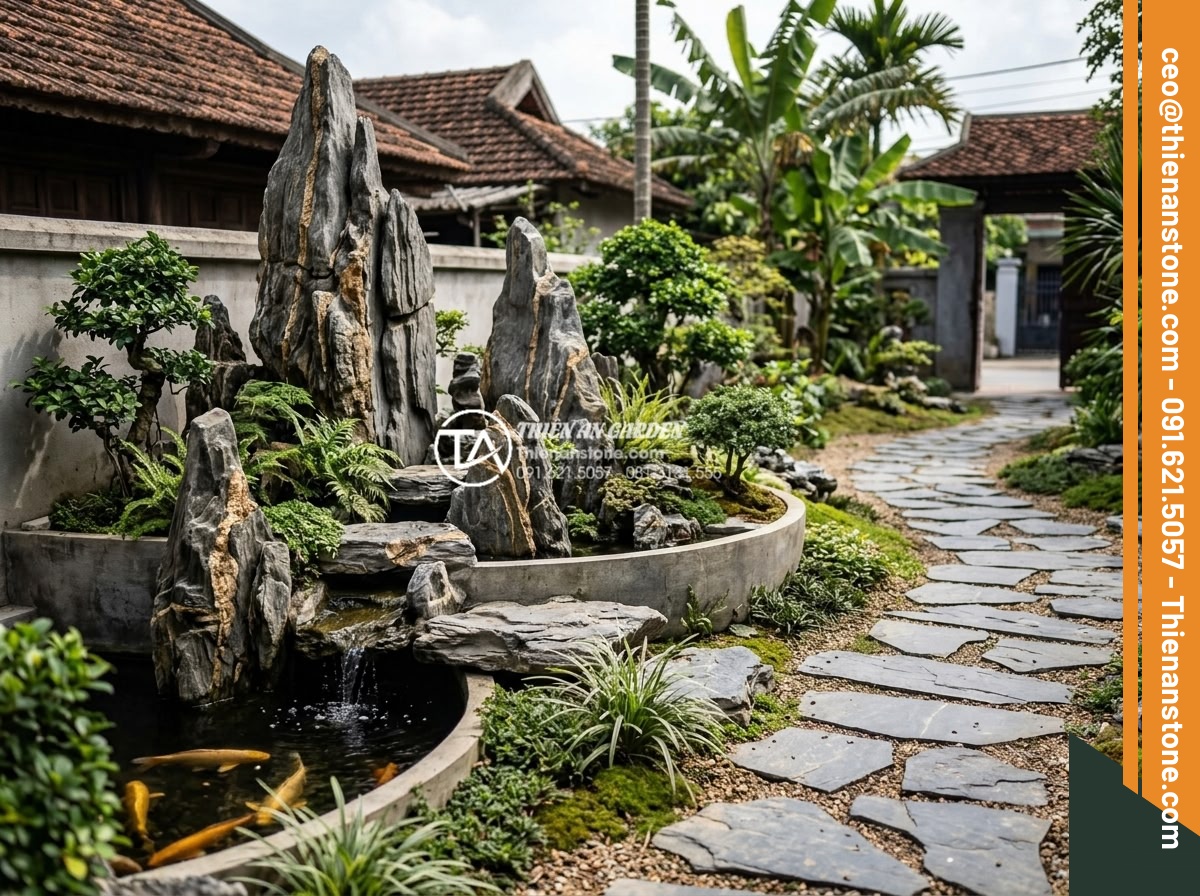 So sánh đá trầm tích và đá Granite trong thi công sân vườn - Practical application photos of sedimentary rocks in rockery and granite in path