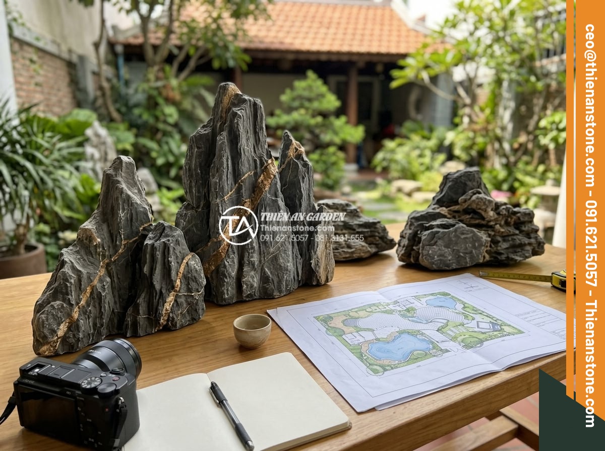 So sánh đá trầm tích và đá Granite trong thi công sân vườn - Expert consultation scene with stone samples, garden blueprints and team from Da