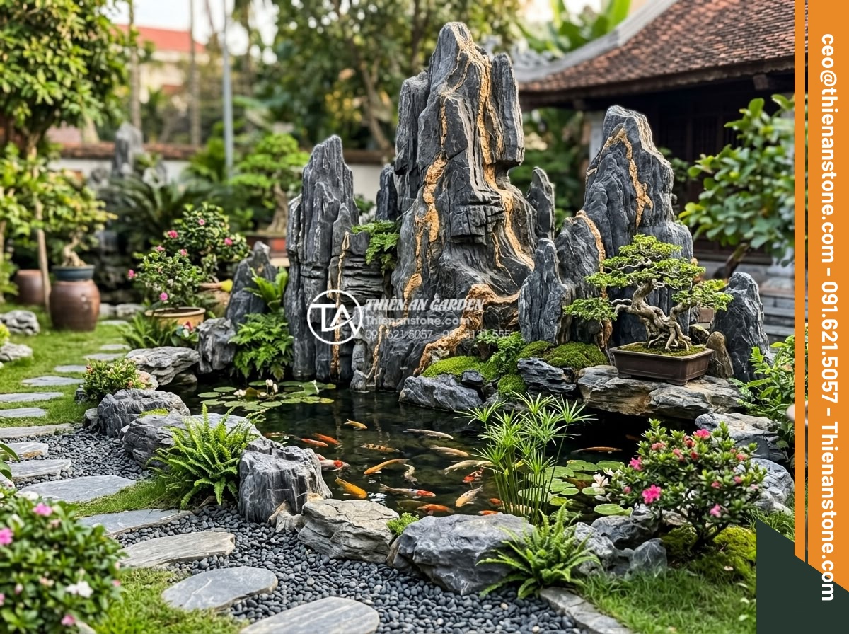 So sánh đá trầm tích và đá Granite trong thi công sân vườn - Final beautiful completed garden landscape using both sedimentary and granite st