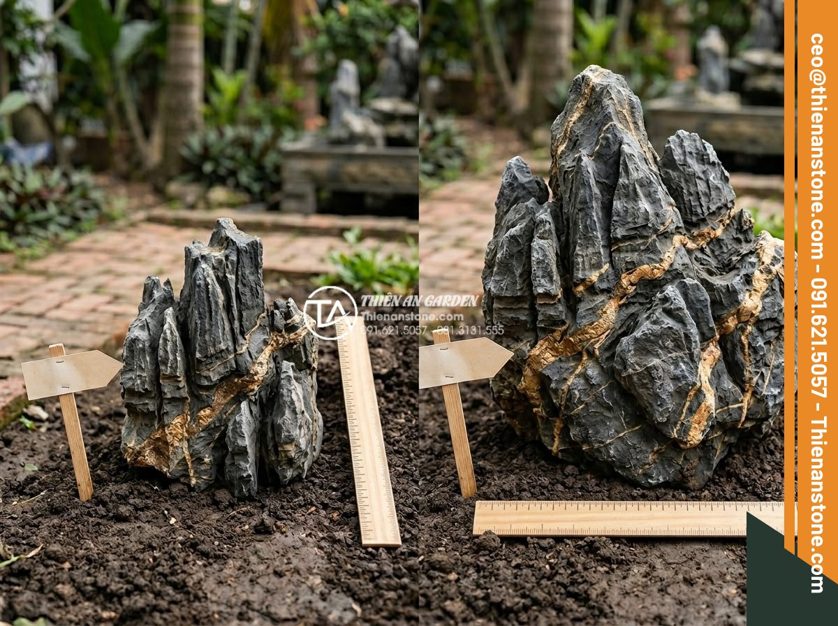 So sánh đá trầm tích và đá Granite trong thi công sân vườn - Side by side comparison photo of raw sedimentary rock chunk and granite boulder 