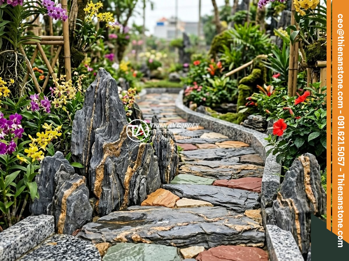 So sánh đá trầm tích và đá Granite trong thi công sân vườn - Aesthetic comparison of colorful sedimentary rocks and polished granite stones a