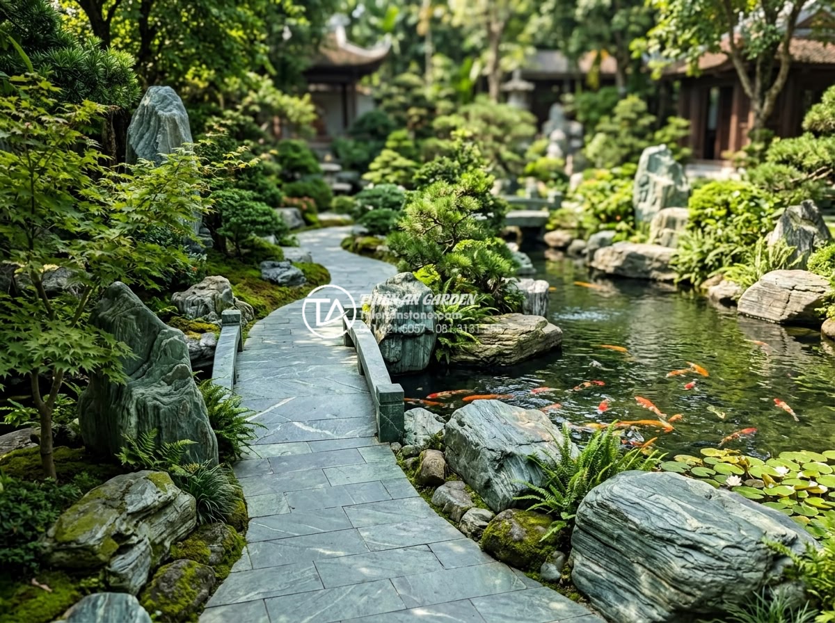 So sánh đá xanh Nhật Bản nguyên khối và đá lát quy cách - Beautiful Japanese-inspired garden with large green stone boulders beside a Koi 