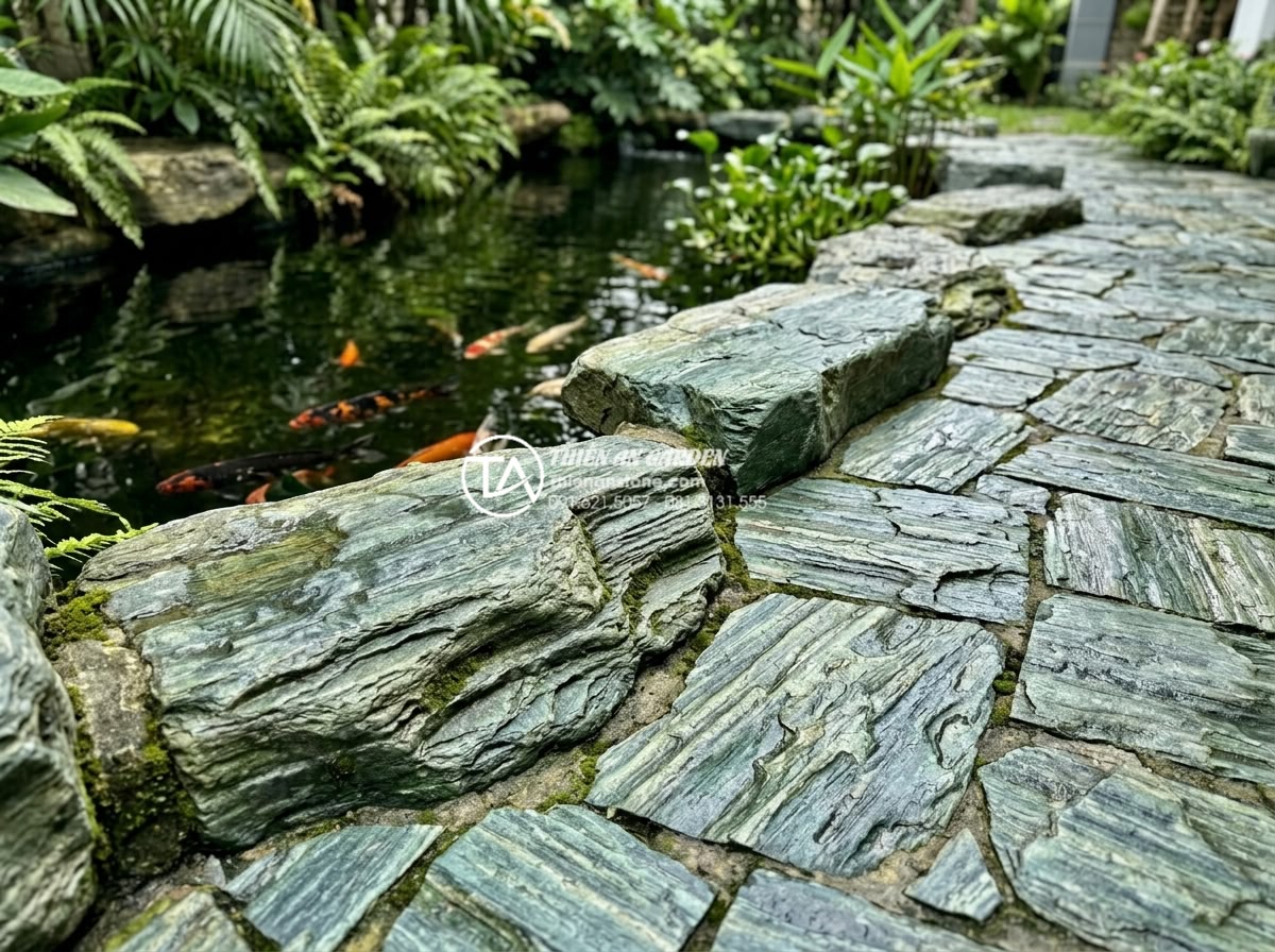 So sánh đá xanh Nhật Bản nguyên khối và đá lát quy cách - Detailed view of green stone paving around a Koi pond with stepping stones made 