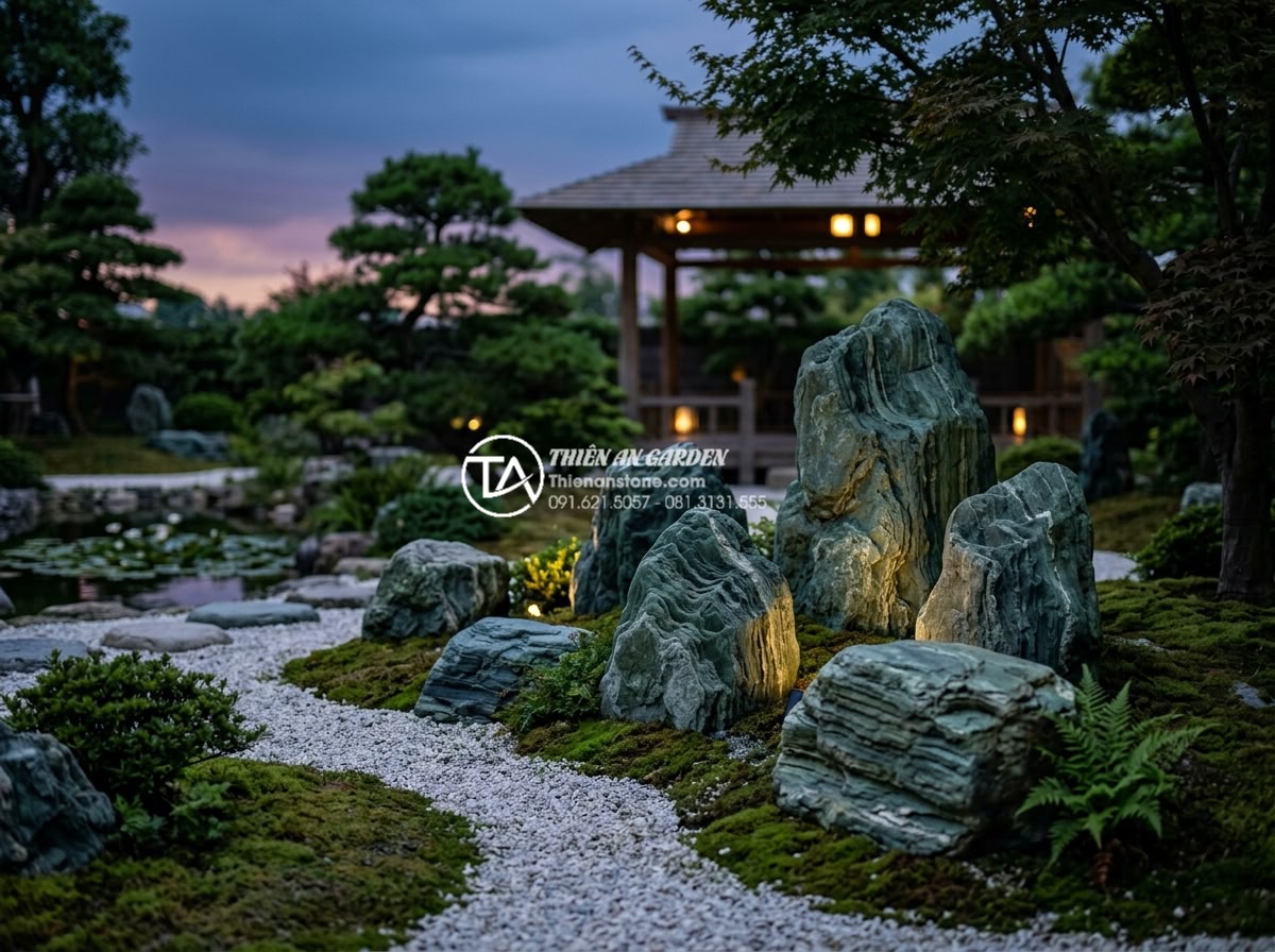 So sánh đá xanh Nhật Bản nguyên khối và đá lát quy cách - Japanese garden at dusk with illuminated green stones highlighting color depth a