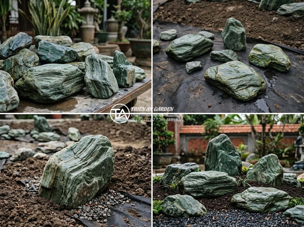 So sánh đá xanh Nhật Bản nguyên khối và đá lát quy cách - Step-by-step guide photos showing selection process and professional installatio