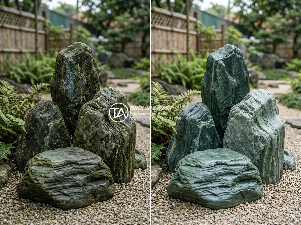 So sánh đá xanh Nhật Bản nguyên khối và đá lát quy cách - Before and after maintenance photos of weathered versus freshly cleaned Japanese