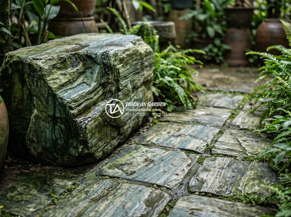 So sánh đá xanh Nhật Bản nguyên khối và đá lát quy cách - Durability test visualization of Japanese green stones exposed to weather elemen