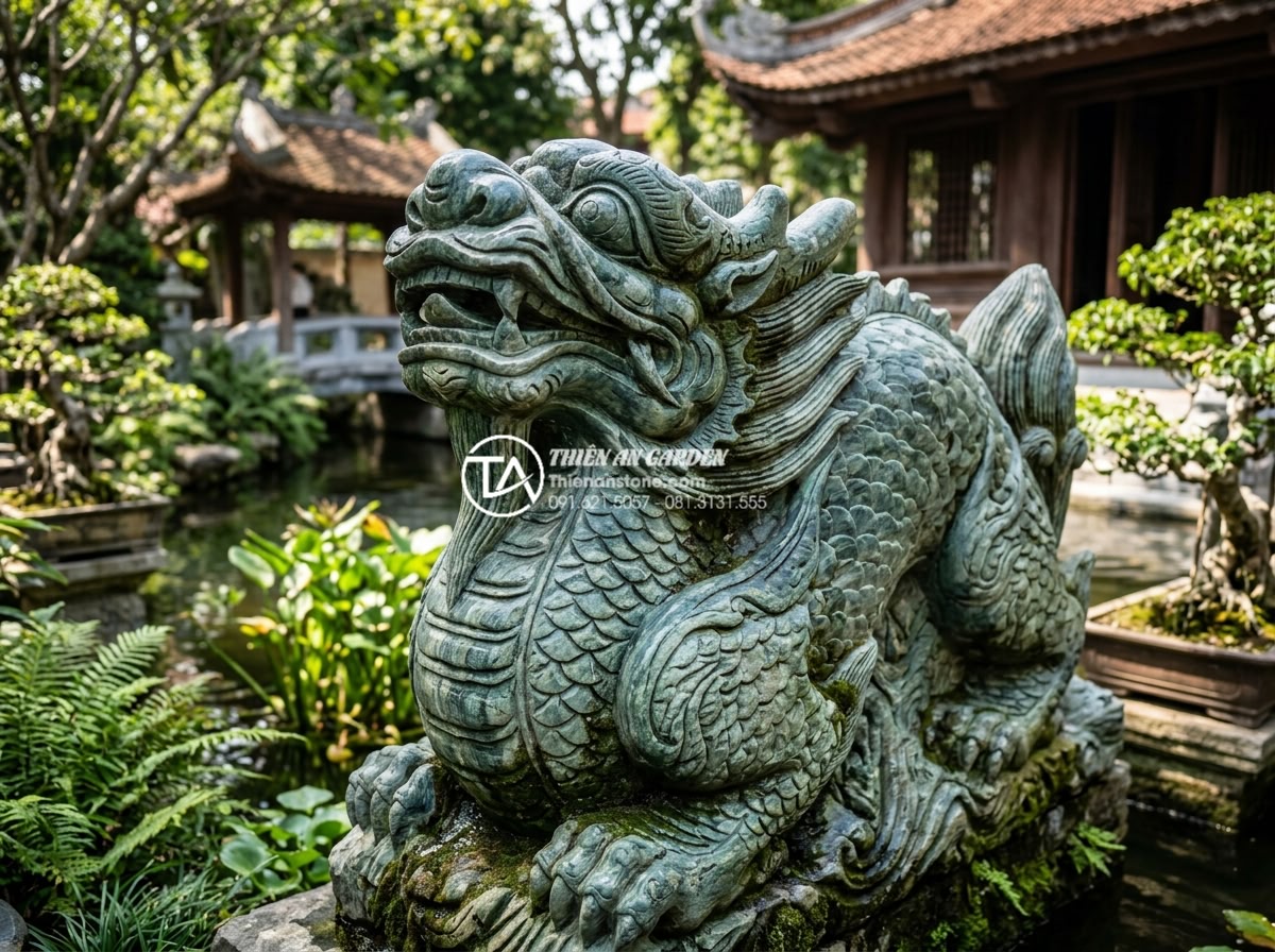 So sánh đá xanh Nhật Bản và đá xanh Thanh Hóa: Sự khác biệt về đẳng cấp - Hand-carved Thanh Hoa stone sculpture in traditional Vietnamese garden setting