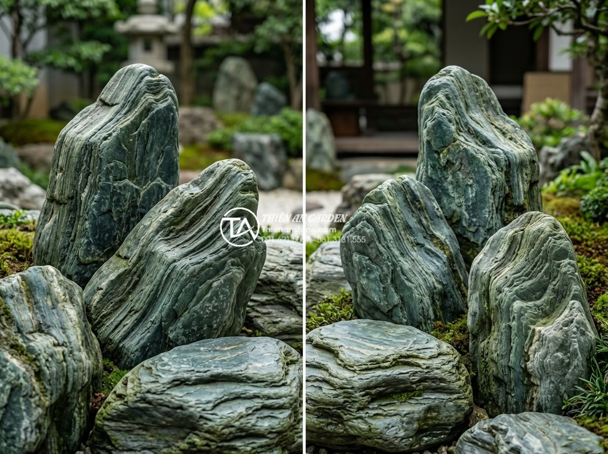So sánh đá xanh Nhật Bản và đá xanh Thanh Hóa: Sự khác biệt về đẳng cấp - Professional side-by-side photo comparison chart of Japanese Seiryu stone versus