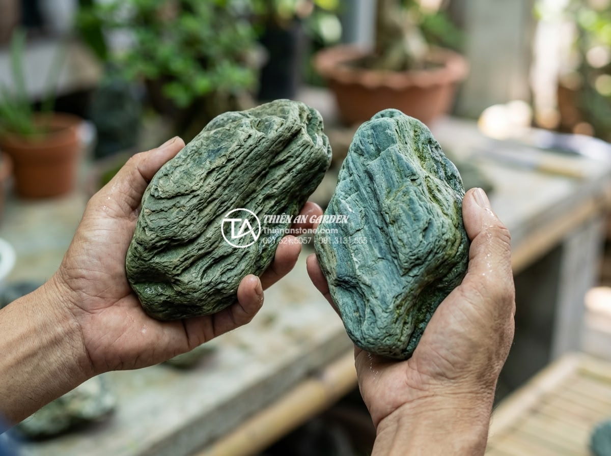 So sánh đá xanh Nhật Bản và đá xanh Thanh Hóa: Sự khác biệt về đẳng cấp - Expert holding both stone samples for direct visual and tactile comparison in a 