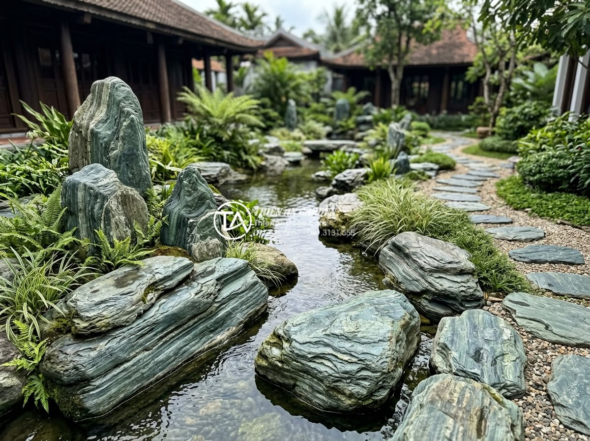 So sánh đá xanh Nhật Bản và đá xanh Thanh Hóa: Sự khác biệt về đẳng cấp - High-end resort garden in Vietnam featuring extensive use of Japanese blue stone