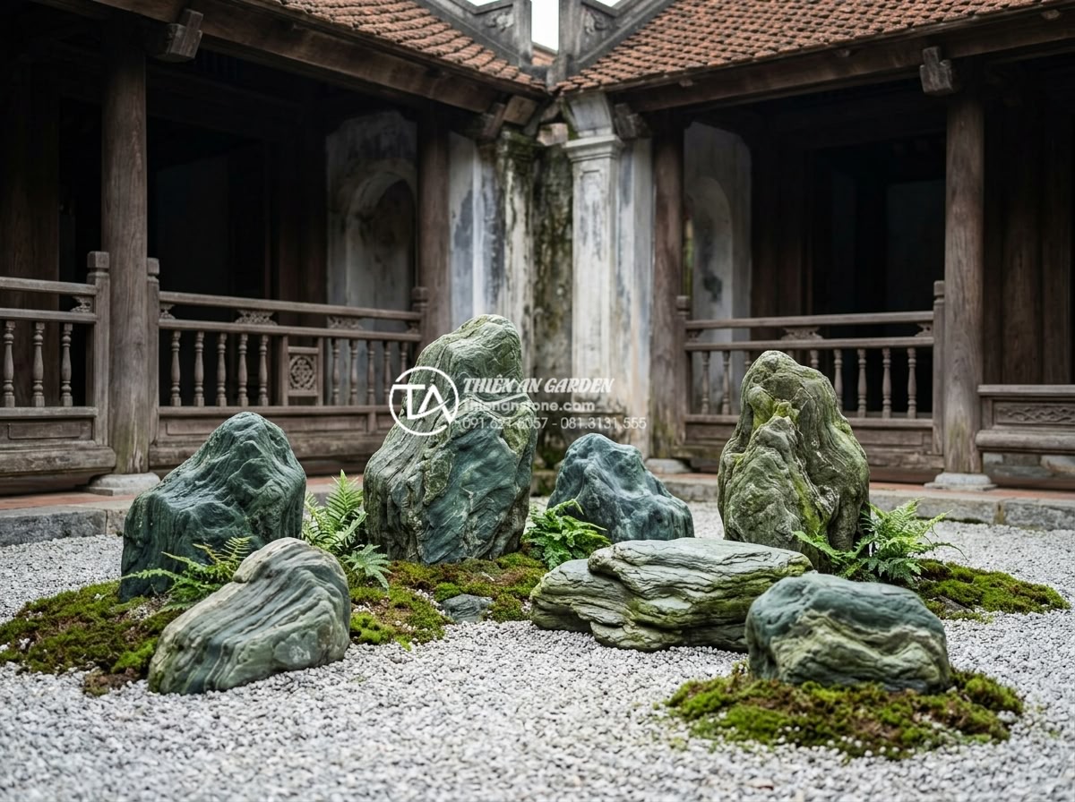 So sánh đá xanh Nhật Bản và đá xanh Thanh Hóa: Sự khác biệt về đẳng cấp - Elegant small courtyard with Japanese Seiryu stones creating a serene zen atmosp