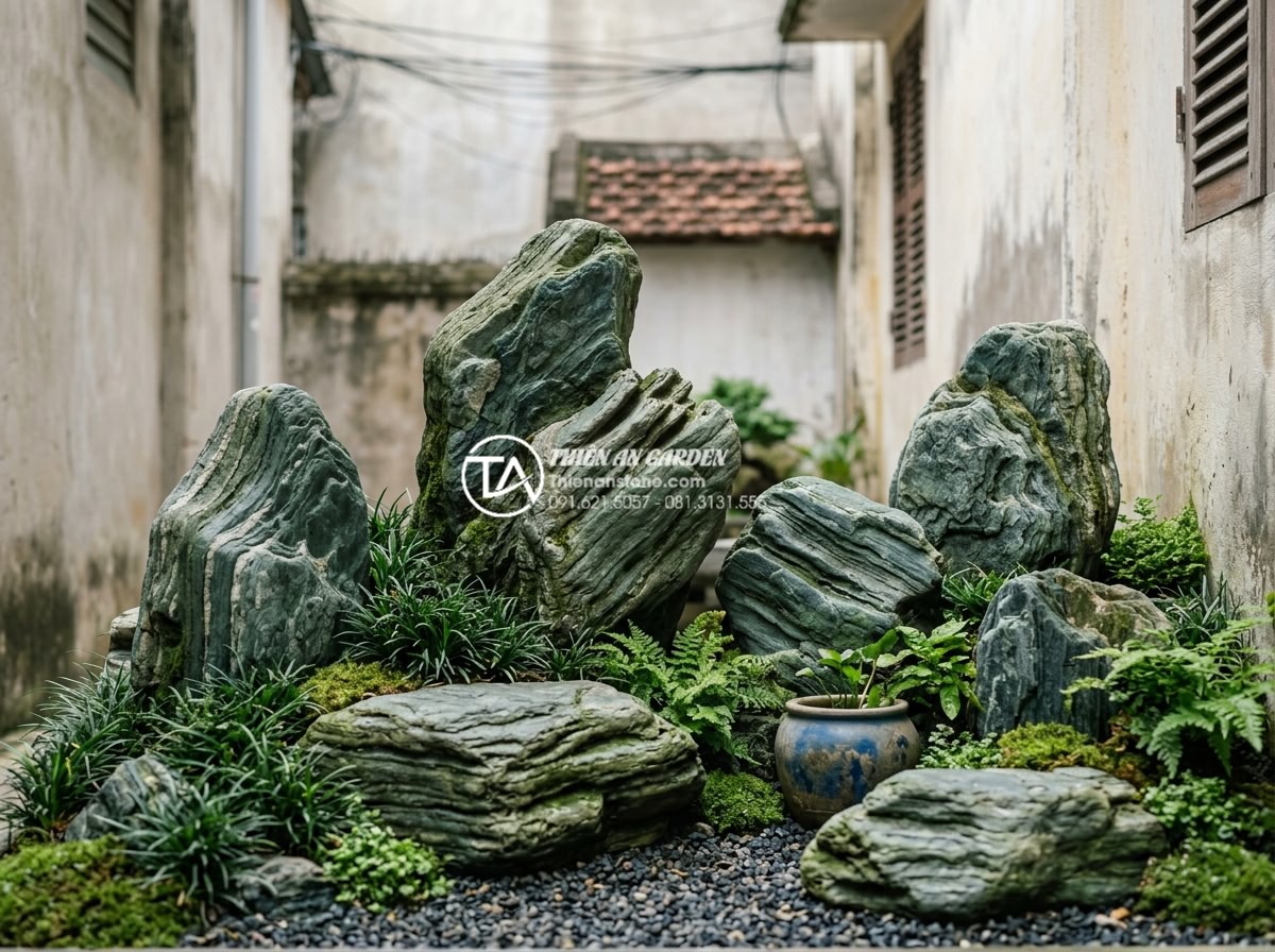 So sánh đá xanh Nhật Bản và đá xanh Thanh Hóa: Sự khác biệt về đẳng cấp - Creative arrangement of Japanese Seiryu stones in compact urban garden setting