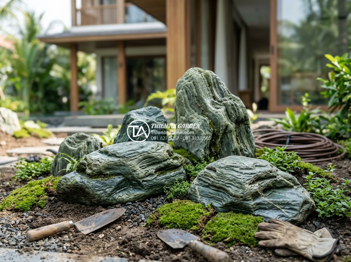 So sánh đá xanh Nhật Bản và đá xanh Thanh Hóa: Sự khác biệt về đẳng cấp - Professional landscape design team from Thien An Stone installing high-end Japan