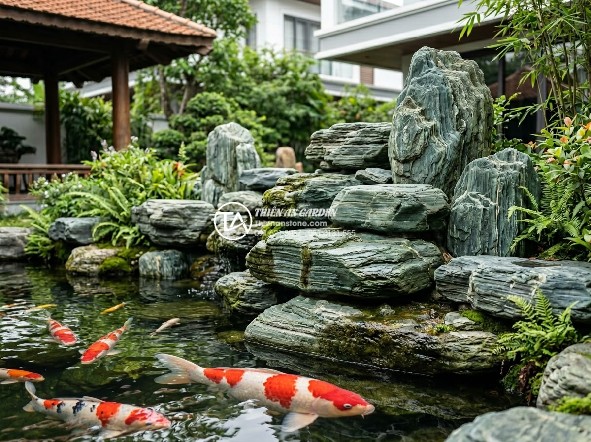 So sánh đá xanh Nhật Bản và đá xanh Thanh Hóa: Sự khác biệt về đẳng cấp - Japanese Seiryu stone stacked in a high-end koi pond showing durability after ye