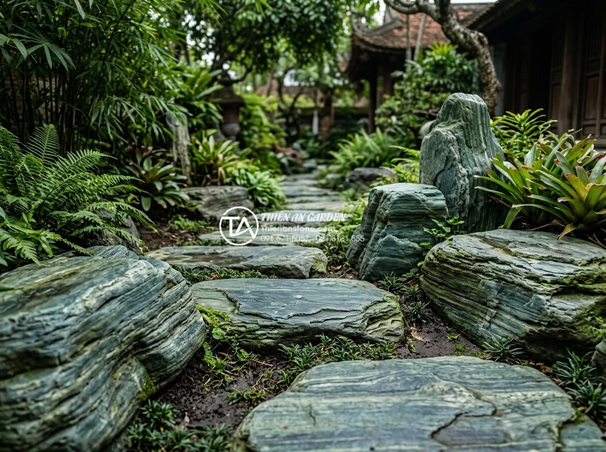 So sánh đá xanh Nhật Bản và đá xanh Thanh Hóa: Sự khác biệt về đẳng cấp - Weather-exposed Thanh Hoa blue stone pathway in Vietnamese garden after several 
