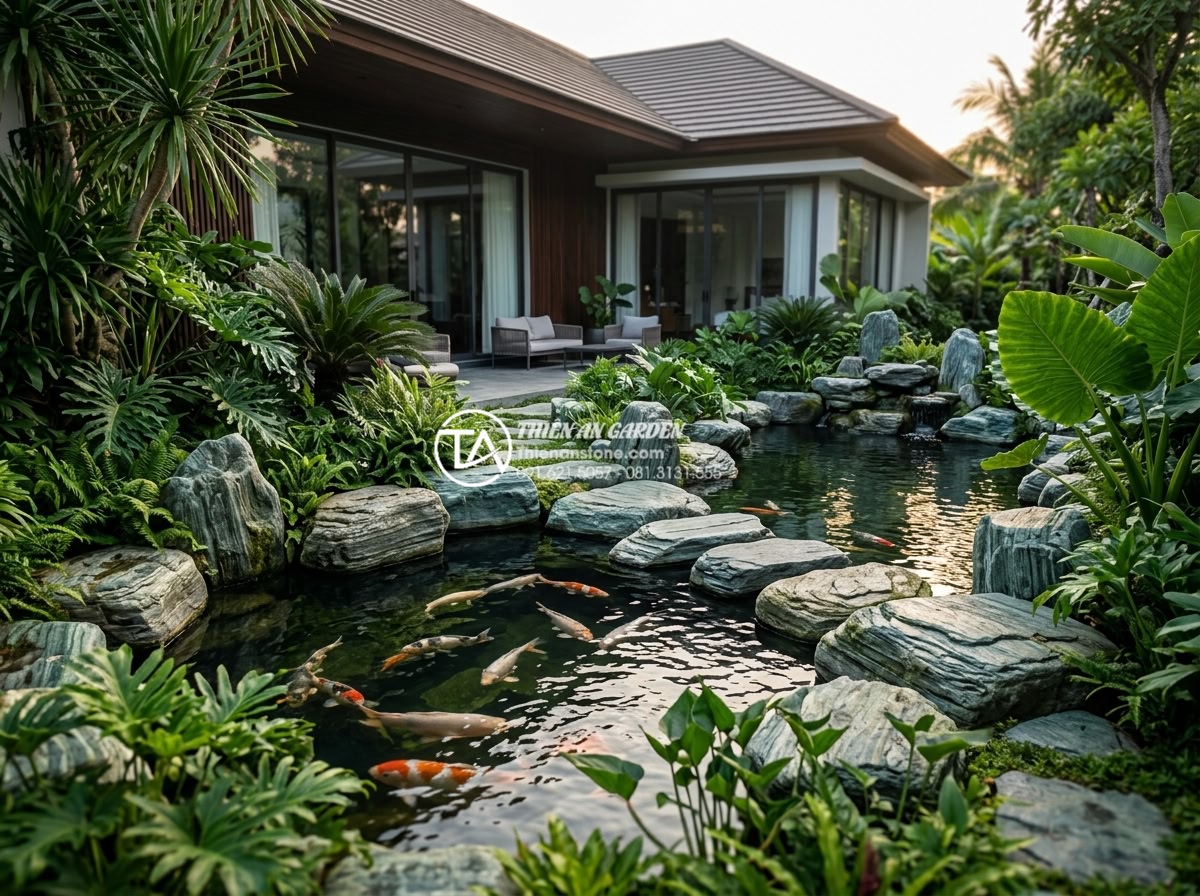 So sánh đá xanh Nhật Bản và đá xanh Thanh Hóa: Sự khác biệt về đẳng cấp - Luxurious modern Vietnamese villa garden featuring premium Japanese blue stones 