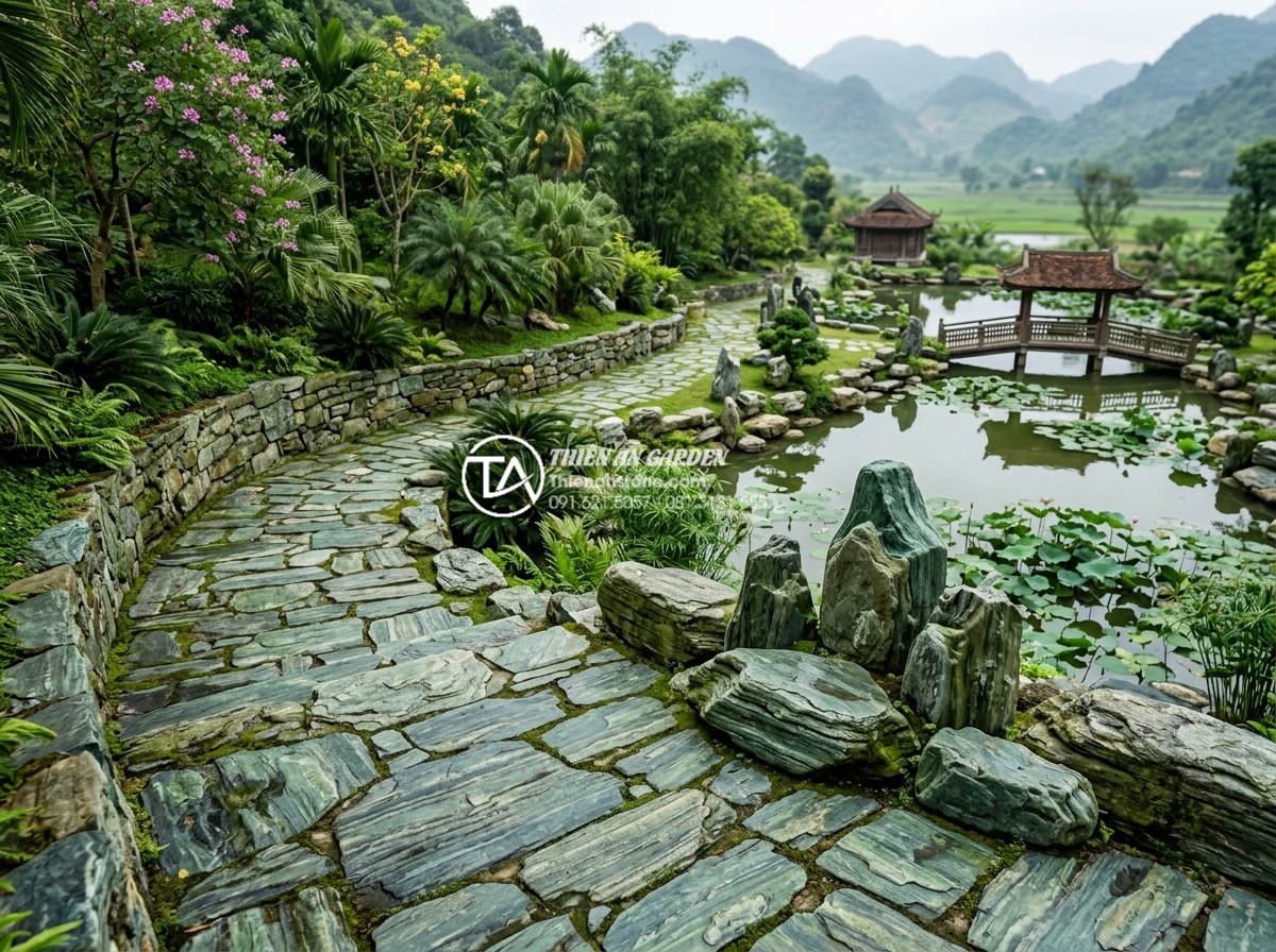 So sánh đá xanh Nhật Bản và đá xanh Thanh Hóa: Sự khác biệt về đẳng cấp - Large scale Vietnamese garden landscape using Thanh Hoa blue stones for pathways