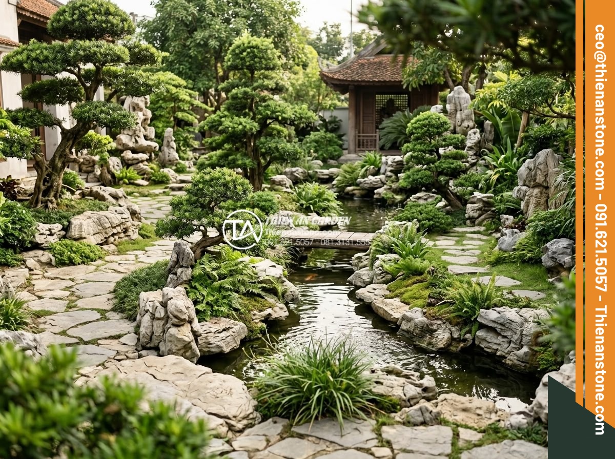Sự kết hợp hoàn hảo giữa cây Tùng La Hán và đá xanh Nhật Bản - Wide angle view of an entire landscape garden featuring multiple Tùng La Hán tre