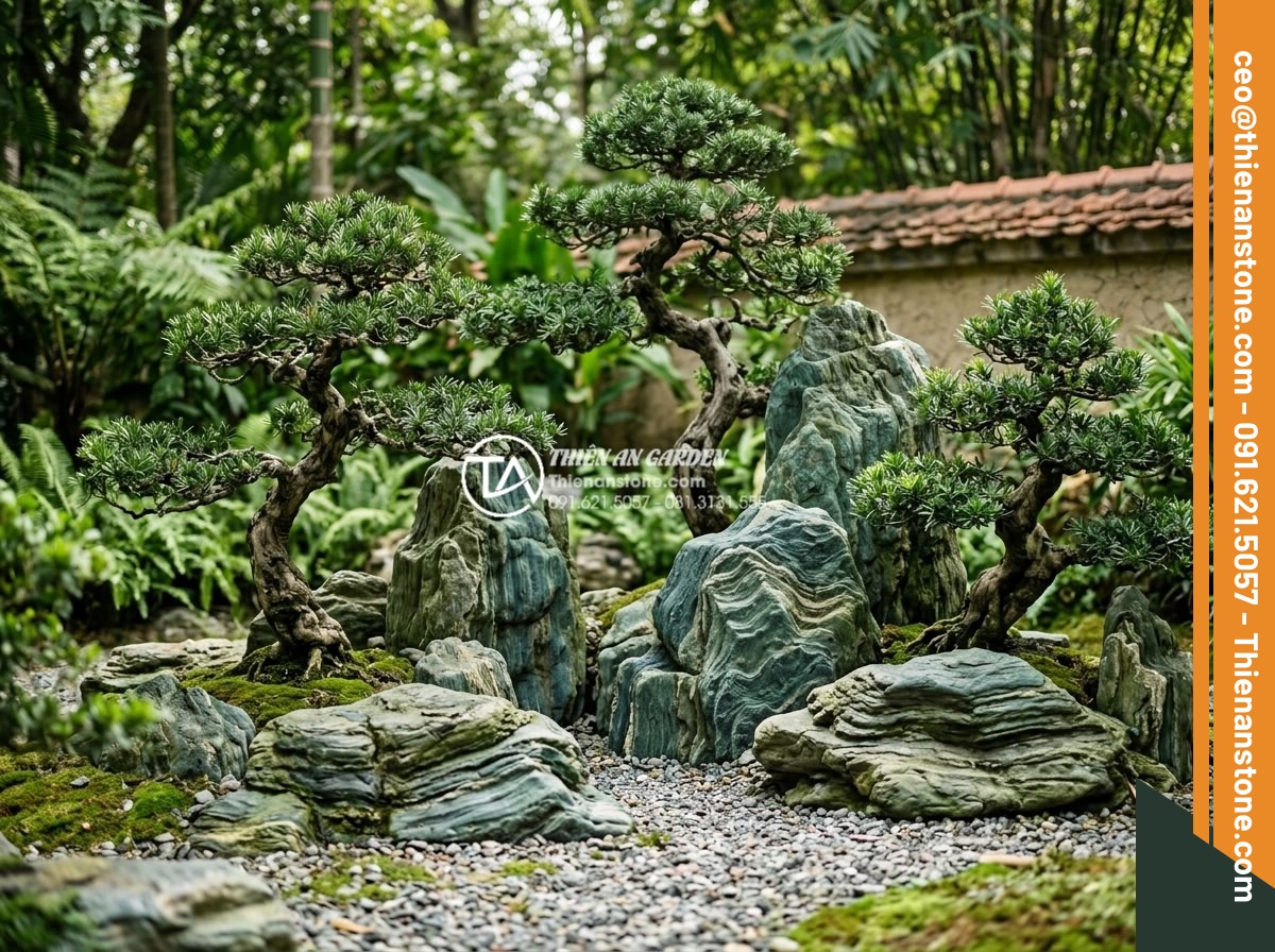 Sự kết hợp hoàn hảo giữa cây Tùng La Hán và đá xanh Nhật Bản - Symbolic arrangement of Tùng La Hán and stones representing longevity and prospe