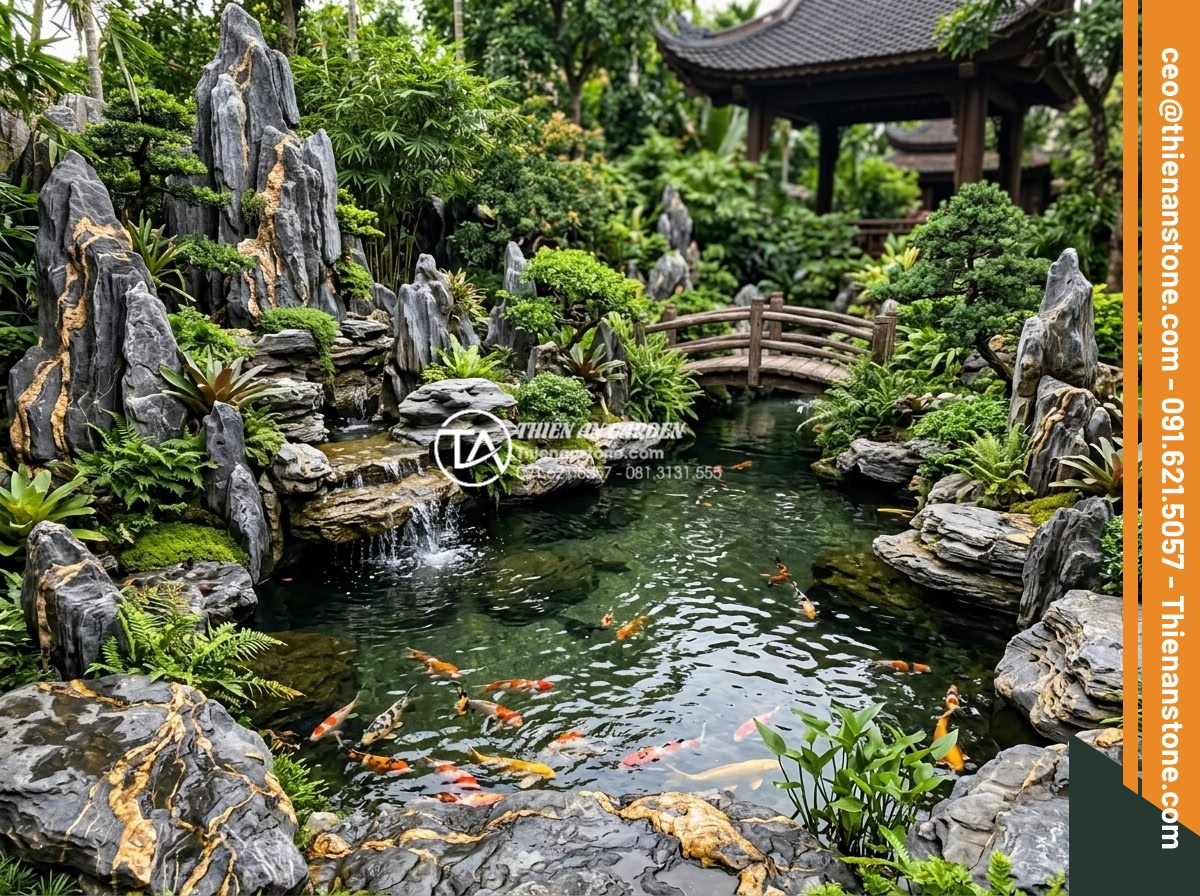 Sự khác biệt giữa đá trầm tích tự nhiên và đá nhân tạo giả vân trầm tích - Hình 13 Sự khác biệt giữa đá trầm tích tự nhiên và đá nhân tạo giả vân trầm tích - Luxury garden landscaping project featuring natural sedimentary rocks around Koi