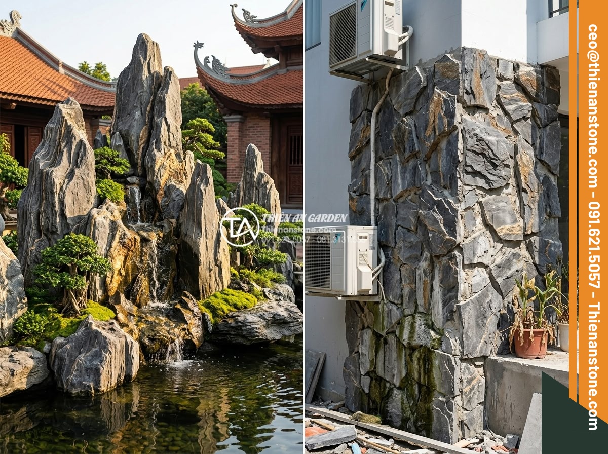 Sự khác biệt giữa đá trầm tích tự nhiên và đá nhân tạo giả vân trầm tích - Hình 15 Sự khác biệt giữa đá trầm tích tự nhiên và đá nhân tạo giả vân trầm tích - Pros and cons visual comparison chart with example photos of both stone types in