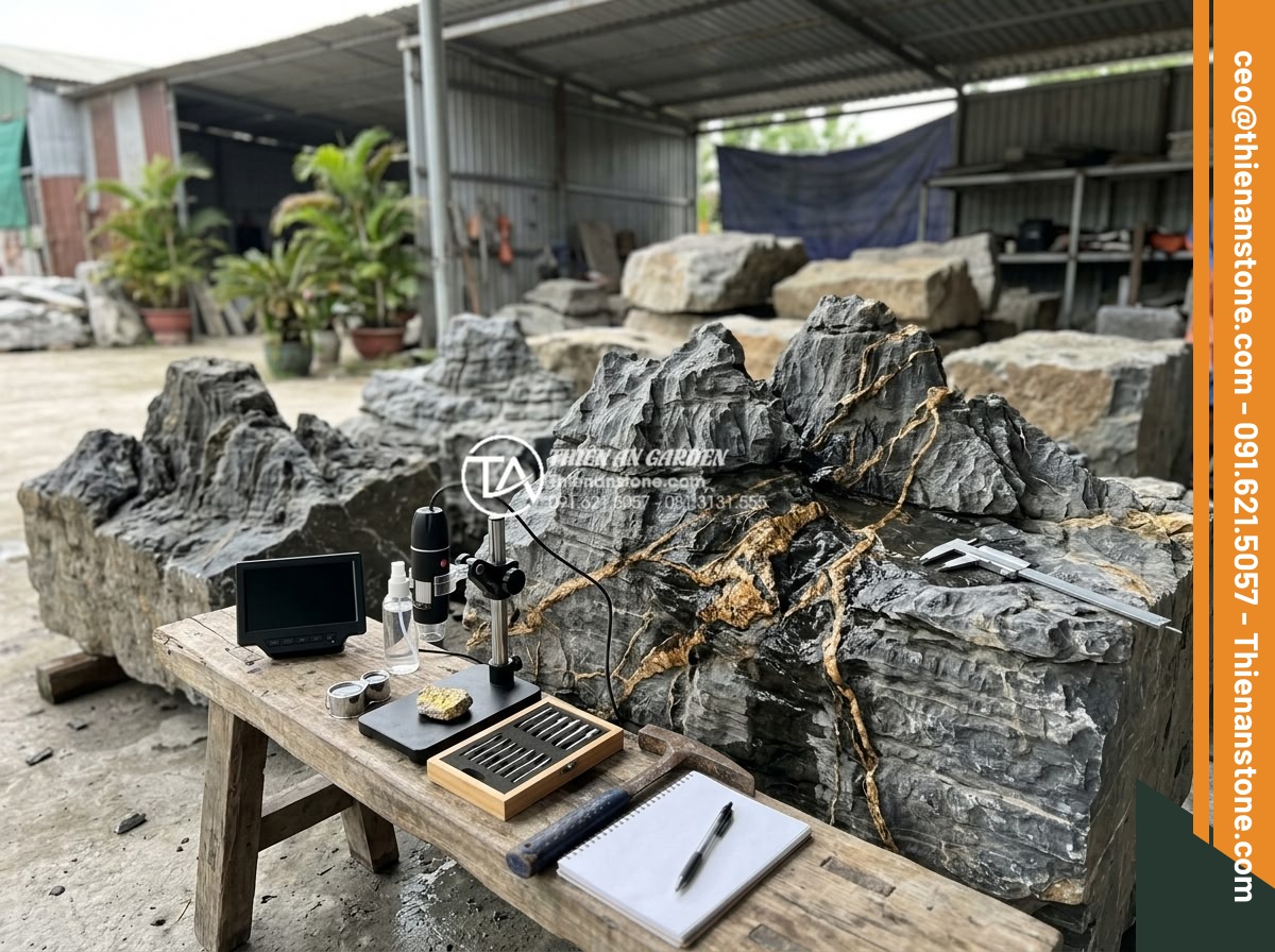 Sự khác biệt giữa đá trầm tích tự nhiên và đá nhân tạo giả vân trầm tích - Hình 18 Sự khác biệt giữa đá trầm tích tự nhiên và đá nhân tạo giả vân trầm tích - Expert inspection scene at natural stone warehouse with tools for authenticity v