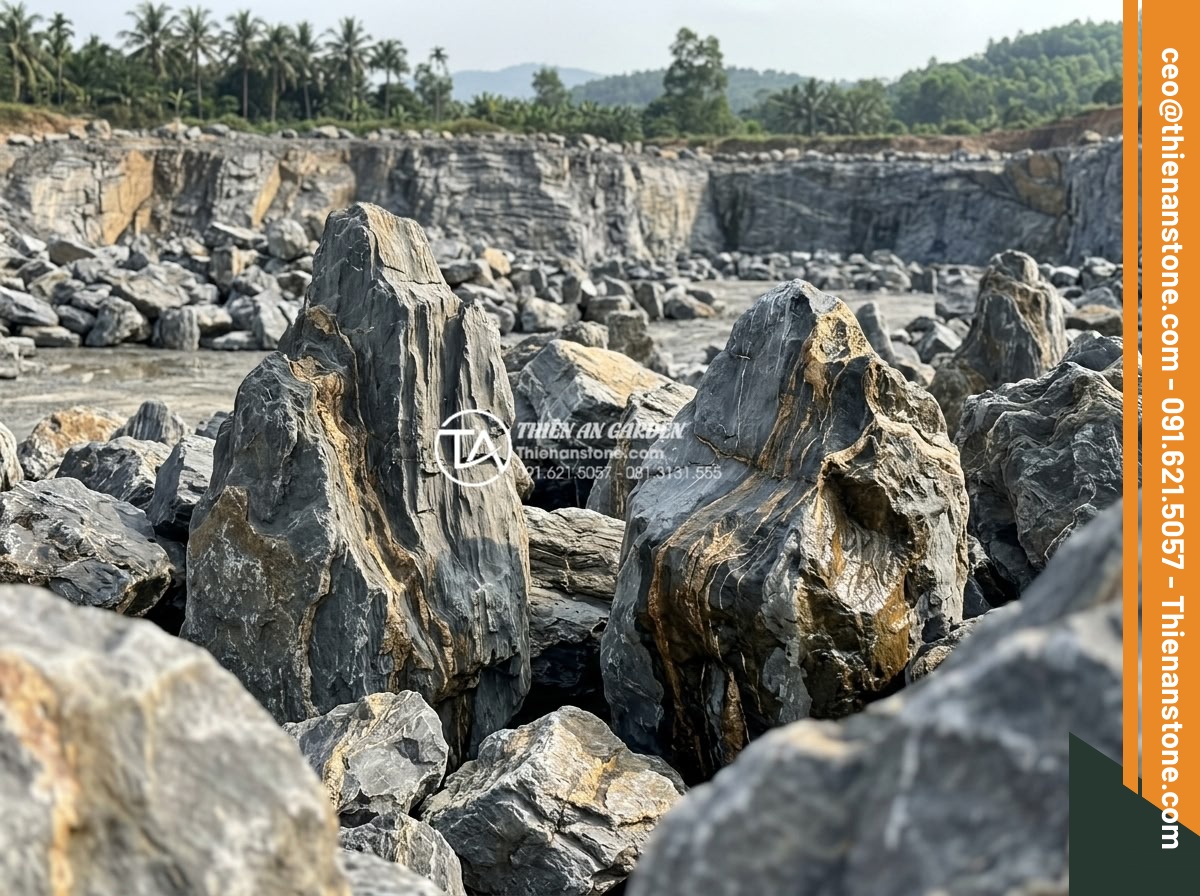 Sự khác biệt giữa đá trầm tích tự nhiên và đá nhân tạo giả vân trầm tích - Hình 2 Sự khác biệt giữa đá trầm tích tự nhiên và đá nhân tạo giả vân trầm tích - Wide-angle view of large natural sedimentary stone boulders extracted from quarr