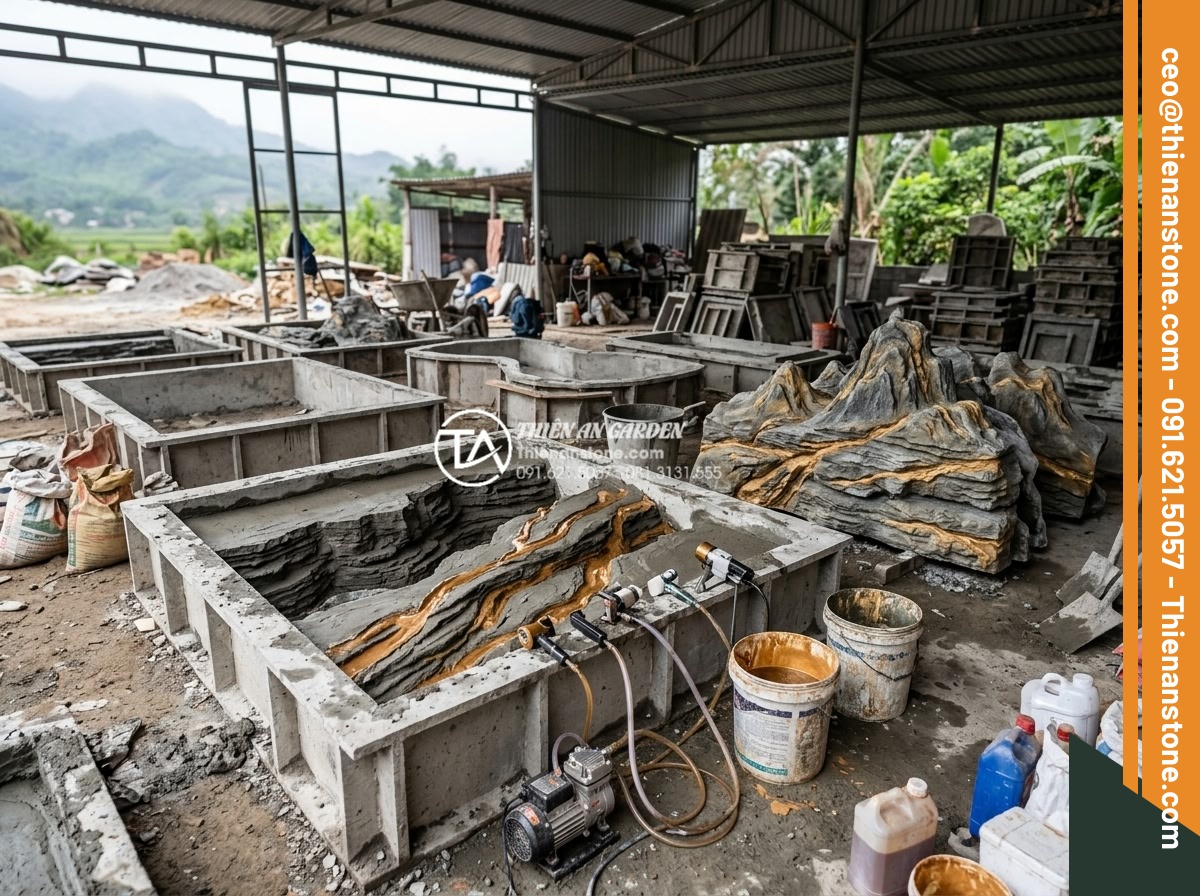 Sự khác biệt giữa đá trầm tích tự nhiên và đá nhân tạo giả vân trầm tích - Hình 3 Sự khác biệt giữa đá trầm tích tự nhiên và đá nhân tạo giả vân trầm tích - Manufacturing process of artificial sedimentary-look stone showing concrete mold