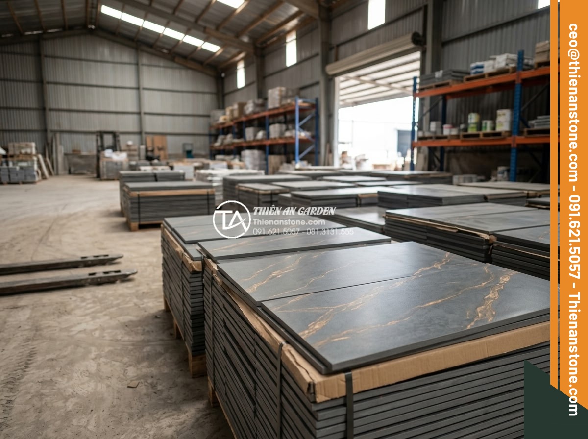 Sự khác biệt giữa đá trầm tích tự nhiên và đá nhân tạo giả vân trầm tích - Hình 4 Sự khác biệt giữa đá trầm tích tự nhiên và đá nhân tạo giả vân trầm tích - Finished artificial fake sedimentary stone tiles stacked in warehouse, with unif