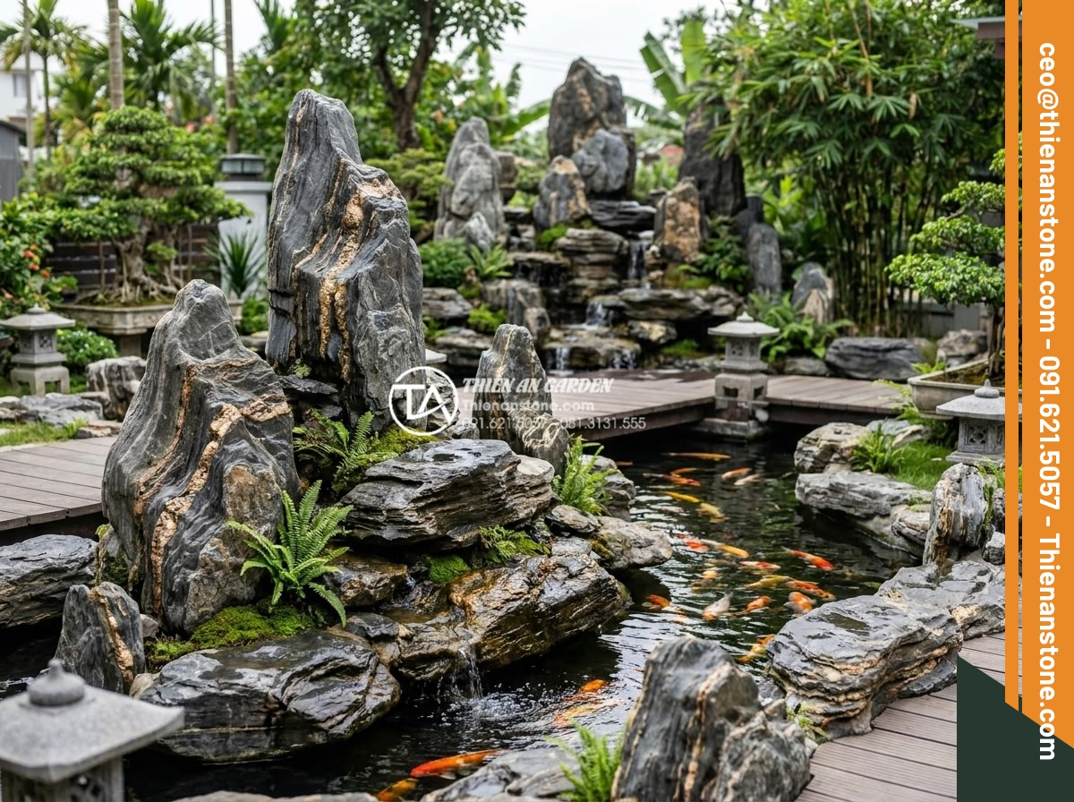 Sức hút từ những đường vân lớp lớp của đá trầm tích trong điêu khắc - Hình 11 Sức hút từ những đường vân lớp lớp của đá trầm tích trong điêu khắc - Landscaped garden with sedimentary stone sculptures and layered veins integrated