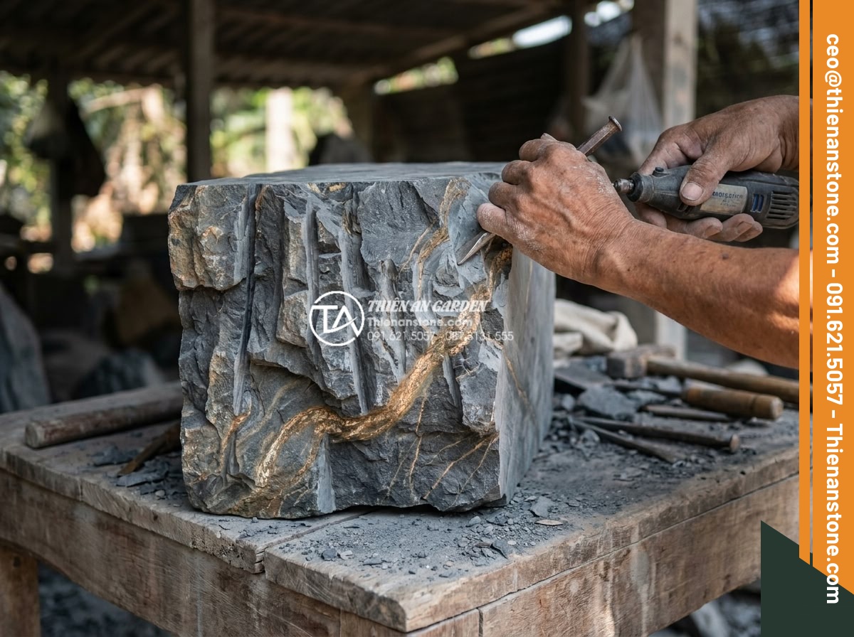 Sức hút từ những đường vân lớp lớp của đá trầm tích trong điêu khắc - Hình 7 Sức hút từ những đường vân lớp lớp của đá trầm tích trong điêu khắc - Artisan hands using chisel and modern tools to carve sedimentary stone, focusing