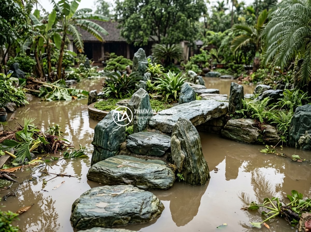 Tác động của thời tiết Việt Nam đến độ bền của đá xanh Nhật Bản - Storm aftermath showing resilient Japanese blue stone structures in flooded Viet