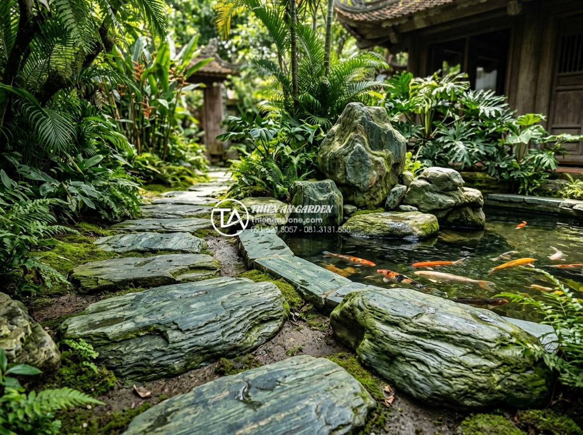 Tác động của thời tiết Việt Nam đến độ bền của đá xanh Nhật Bản - Real-world application of Japanese blue stone in Vietnamese tropical garden with