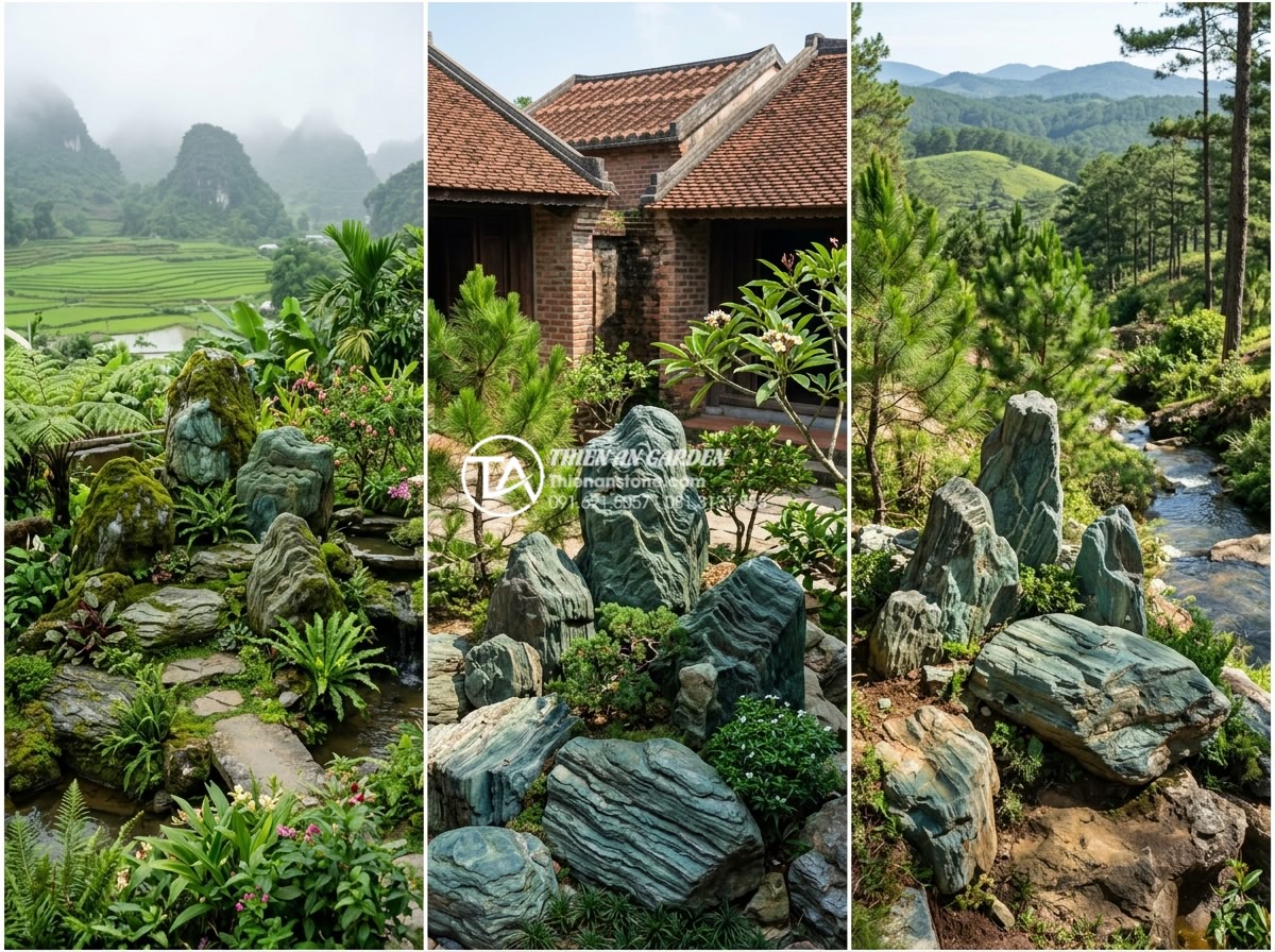 Tác động của thời tiết Việt Nam đến độ bền của đá xanh Nhật Bản - Multiple outdoor installations of blue Japanese stone in different Vietnamese cl