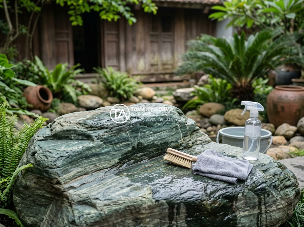 Tác động của thời tiết Việt Nam đến độ bền của đá xanh Nhật Bản - Professional maintenance process for Japanese blue stone including cleaning and 