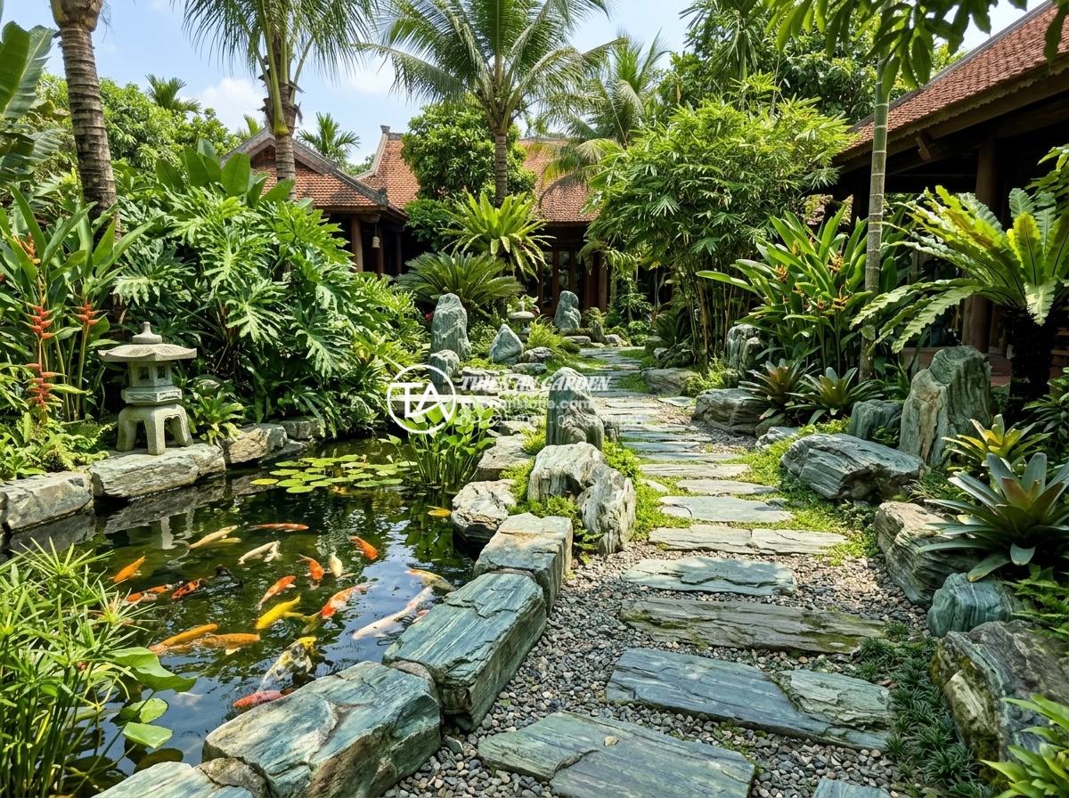 Tác động của thời tiết Việt Nam đến độ bền của đá xanh Nhật Bản - Wide view of Japanese blue stone sculptures and pathways in a tropical Vietnames