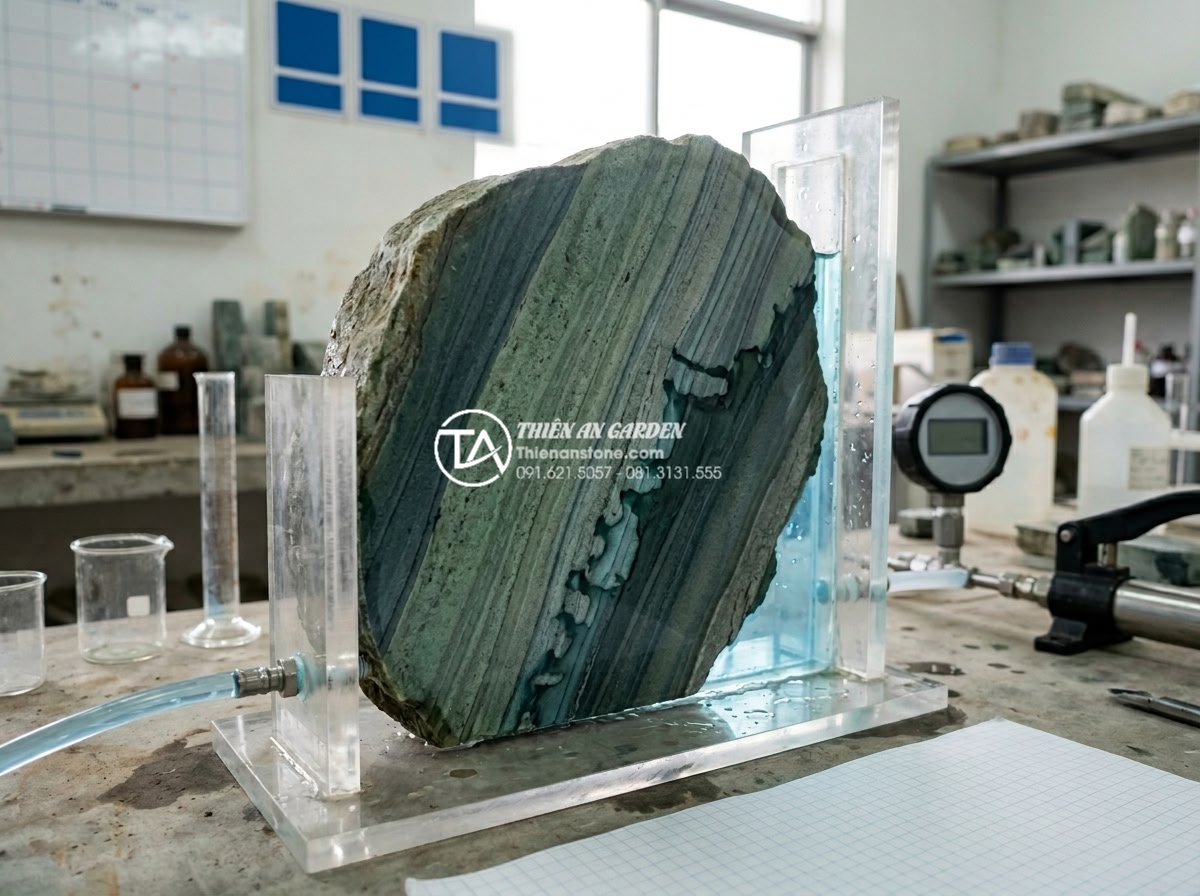 Tác động của thời tiết Việt Nam đến độ bền của đá xanh Nhật Bản - Cross-section diagram of Japanese blue stone showing density layers and resistan