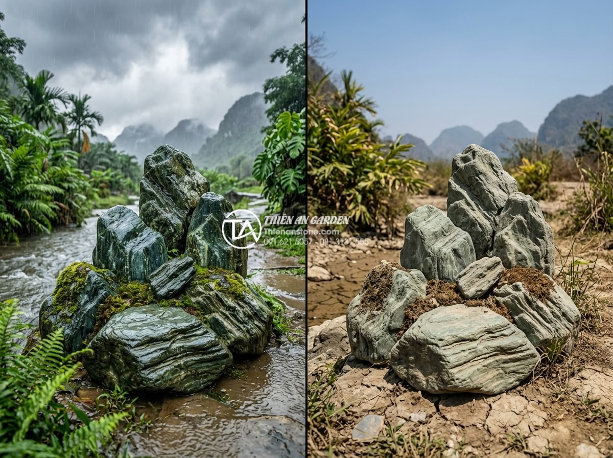Tác động của thời tiết Việt Nam đến độ bền của đá xanh Nhật Bản - Seasonal comparison images of Vietnamese landscape in rainy monsoon versus dry s
