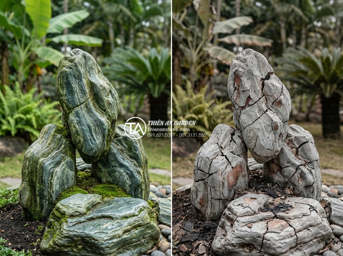 Tác động của thời tiết Việt Nam đến độ bền của đá xanh Nhật Bản - Before and after photos of Japanese blue stone exposed to prolonged high tempera