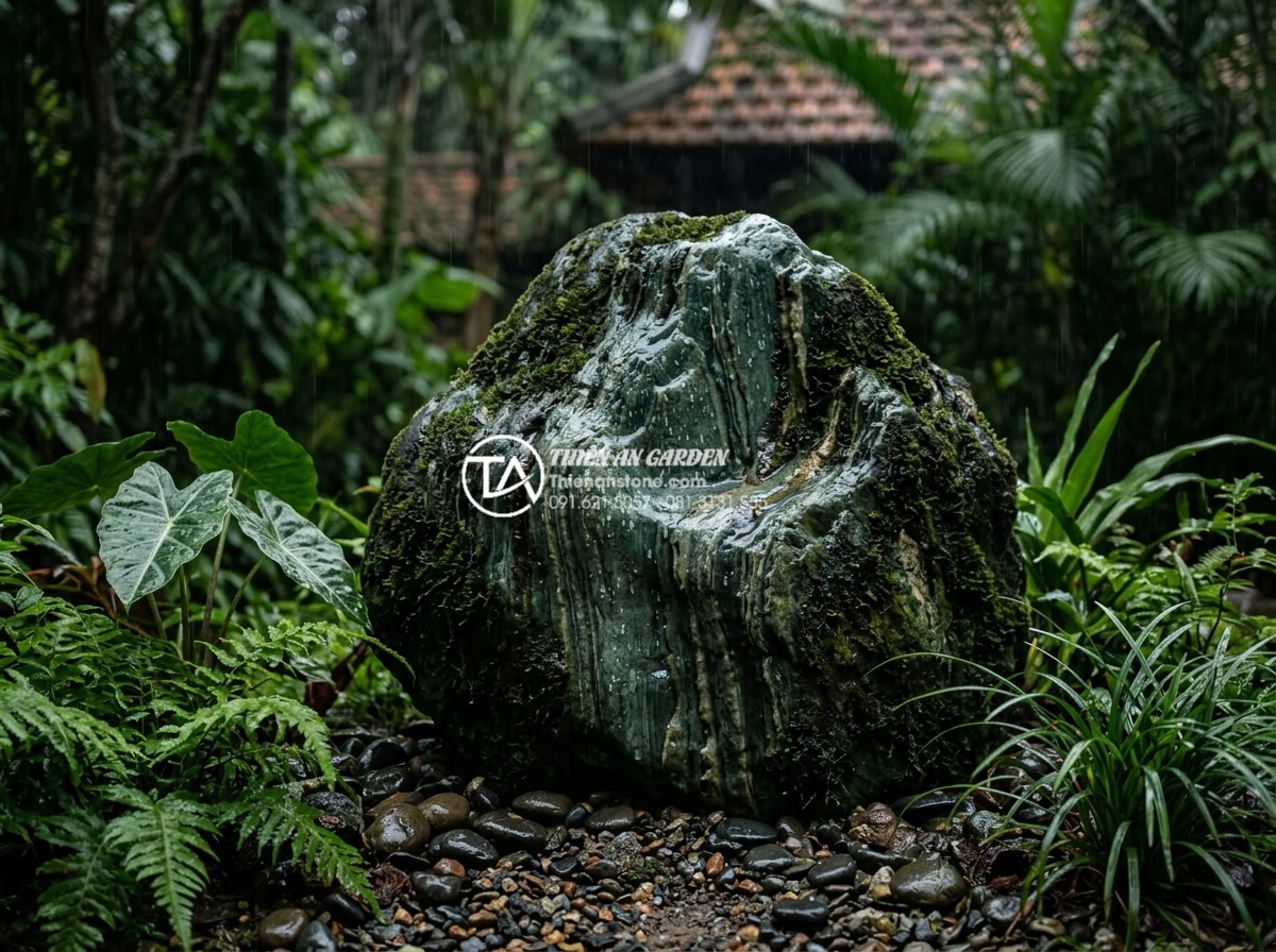 Tác động của thời tiết Việt Nam đến độ bền của đá xanh Nhật Bản - Japanese blue stone covered in moss and water droplets during heavy tropical rai