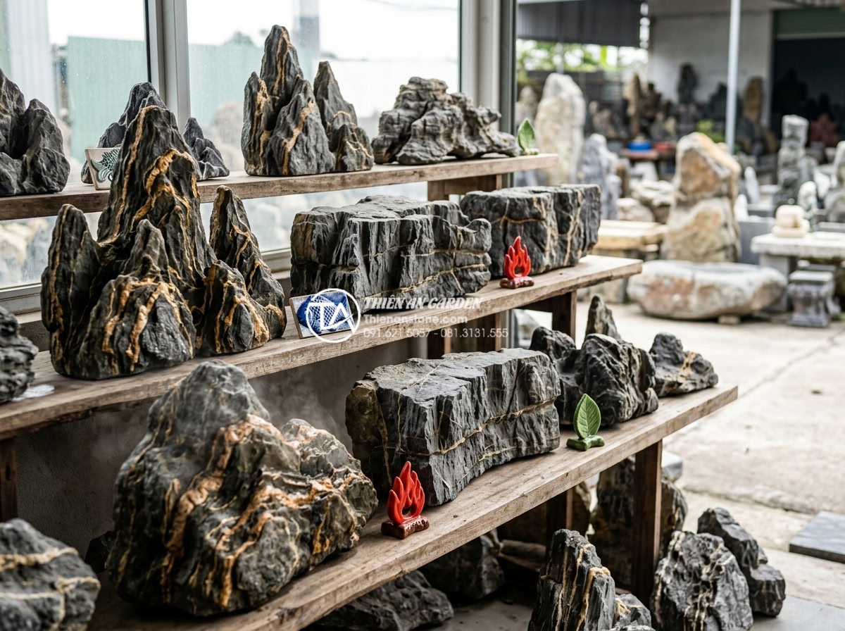 Tại sao đá trầm tích lại được ưa chuộng trong phong thủy sân vườn? - Variety of sedimentary rocks sorted by color and shape with labels for feng shui