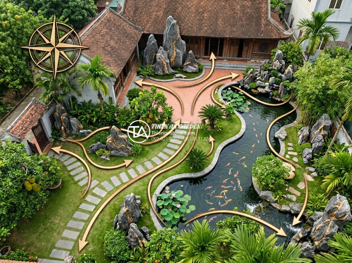 Tại sao đá trầm tích lại được ưa chuộng trong phong thủy sân vườn? - Feng shui optimized garden layout diagram with sedimentary rocks placed in key b