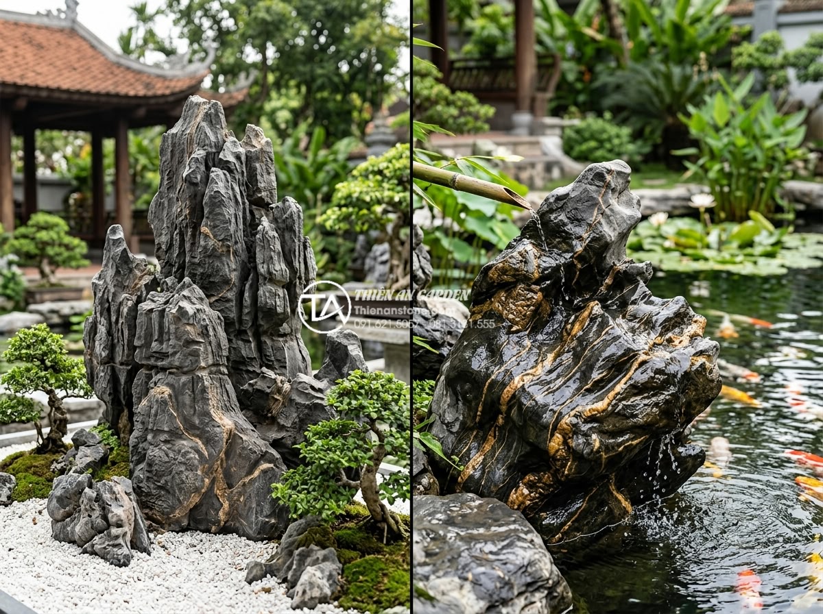 Tại sao đá trầm tích lại được ưa chuộng trong phong thủy sân vườn? - Side-by-side comparison of sedimentary rock versus granite and basalt in garden 
