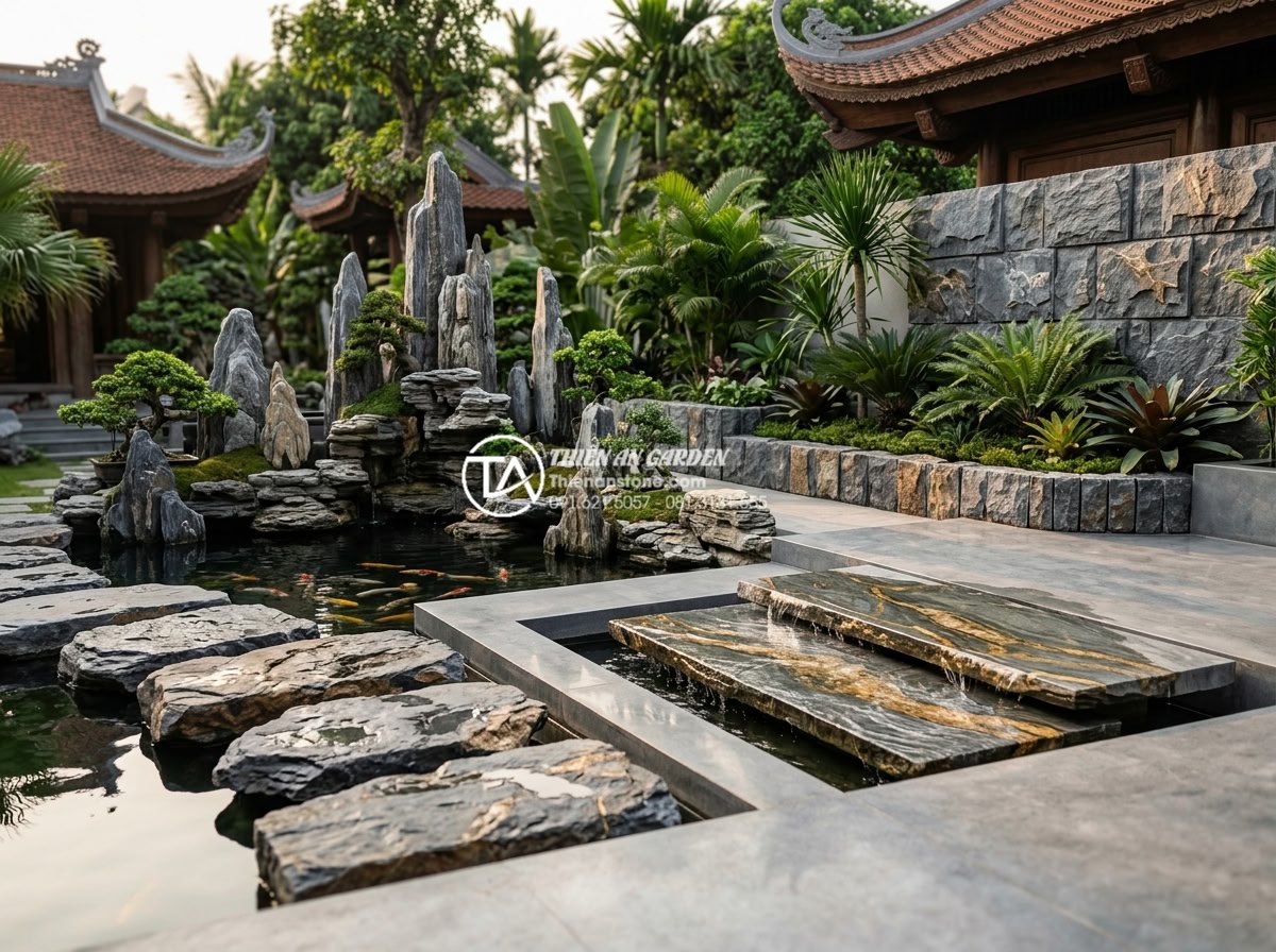Tại sao đá trầm tích lại được ưa chuộng trong phong thủy sân vườn? - Company logo and showcase of completed projects featuring sedimentary rock eleme
