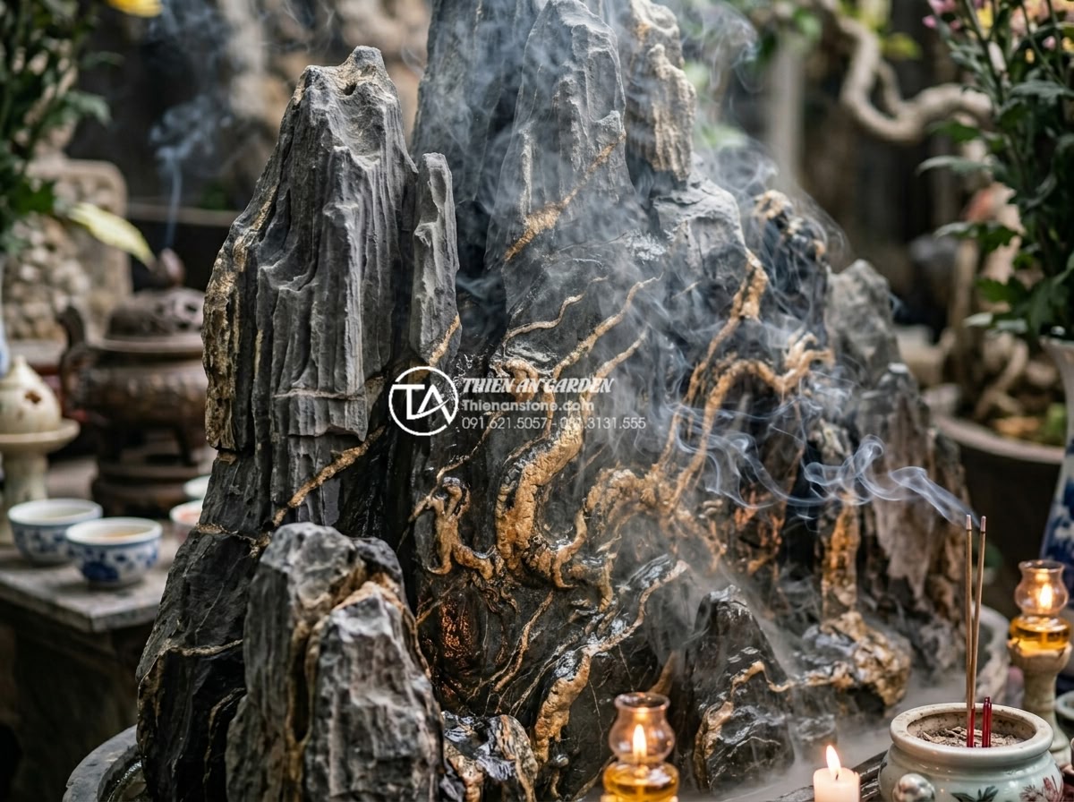 Tại sao đá trầm tích lại được ưa chuộng trong phong thủy sân vườn? - Mystical close-up of sedimentary rock with natural veins resembling dragon patte