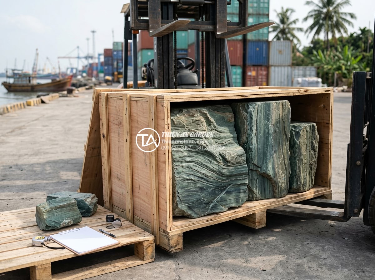 Tại sao đá xanh Nhật Bản lại đắt hơn các dòng đá cảnh quan thông thường? - Hình 3 Tại sao đá xanh Nhật Bản lại đắt hơn các dòng đá cảnh quan thông thường? - Professional logistics and import photo showing crates of premium Japanese green