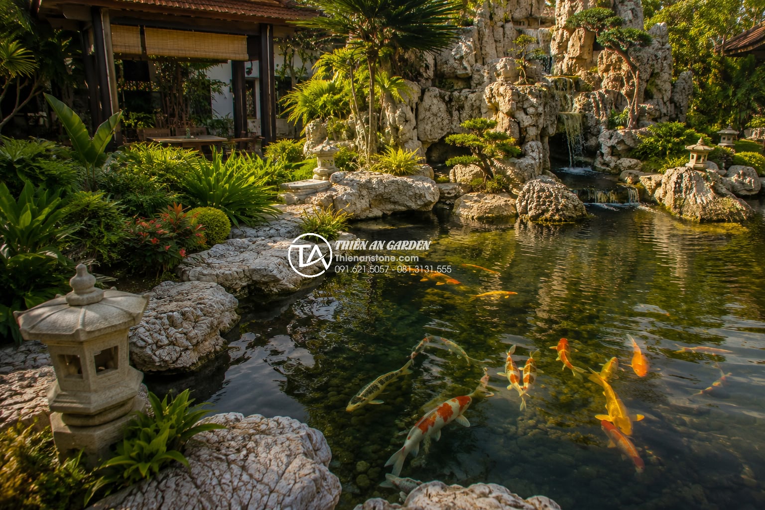 Thiết kế tiểu cảnh bể cá sân vườn theo mệnh: Kim, Mộc, Thủy, Hỏa, Thổ - Serene luxury backyard koi pond designed with perfect feng shui balance of five 